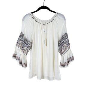 NWT Max Studio Ivory Cedarwood Cross Embroidered Flare Sleeve Peasant Blouse XS